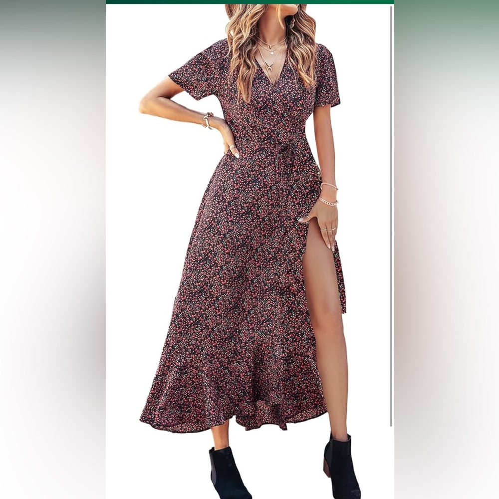 PRETTYGARDEN Womens Floral Wrap Maxi Dress Boho Flora Hem Split Dress size XL